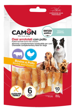 Pałeczki dla psów Camon Roladki z wołowej skóry z kurczakiem 6 cm 80 g (8019808223698)