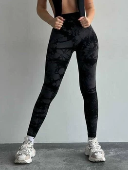 Спортивні жіночі лосини Marble з ефектом пуш-ап для фітнесу та йоги Безшовні Щільні Мраморні Тай-дай M Графіт (1719_HH04LM)