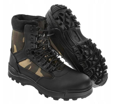 Високі чоловічі демісезонні черевики Brandit Defense Dark Camo 47 Чорний камуфляж з натуральної шкіри і міцного дихаючого нейлону антибактеріальна устілка система швидкої шнурівки маслостійка гумова підошва для амортизації і стійкості (Alop)