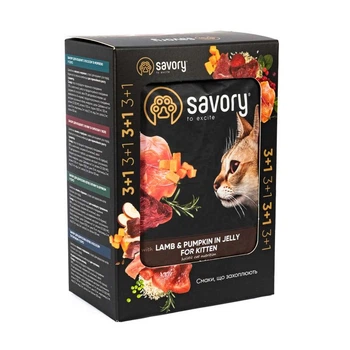 Упаковка вологого корму для кошенят Savory Kitten 3+1 шт х 85 г - ягня та гарбуз