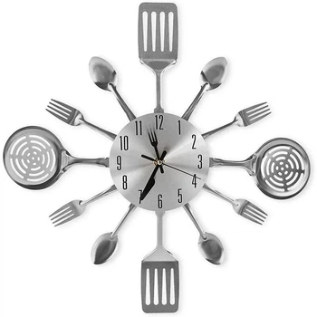 Настінний годинник на кухню "Fork" - металевий годинник ложки-виделки для кафе та кухні, срібло, 40х40 см (102012)