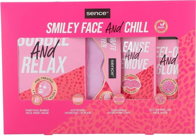 Zestaw do pielęgnacji twarzy Sence Collection Smiley Face & Chill Mask Oczyszczająca maska do twarzy 23 ml + Paski oczyszczające pory + Hydrożelowa maska do ust 6 ml + Złuszczająca maska do twarzy 10 g (8720701034471)