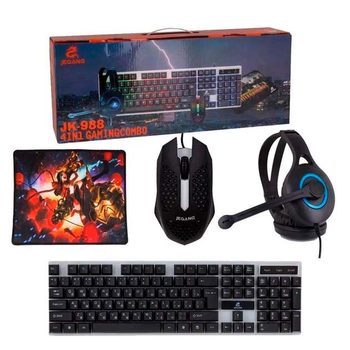 Ігровий Комплект Jeqang JK-988 4в1 Клавіатура USB 1.2М/Миша DPI-800-1600 1.2М/Навушники 3.5мм 1.8М/Килимок 180 х 220мм геймерський для ПК з RGB підсвічуванням Подарунковий набір Чорний