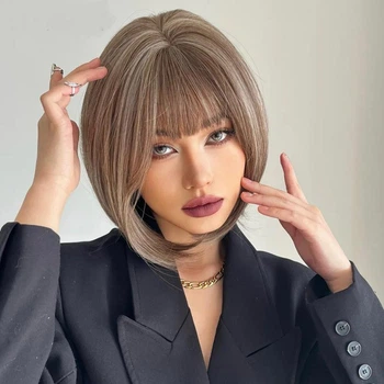 Жіноча перука каре Emmor SS164-2 коротке пряме синтетичне волосся з чубчиком, русявий (79533383)