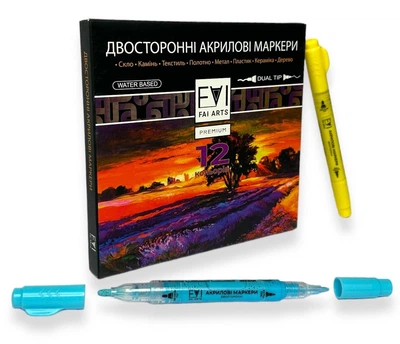 Двосторонні акрилові маркери FaiArts 12 кол - універсальні маркери по тканині, кераміці, дереву, металу, каменю, пластику, гумі