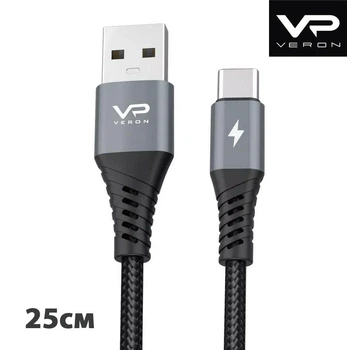 Кабель Veron Braided NC09 USB - Type-С 2.4A (25см, тайпси, тканинне обплетення, нейлон) - чорний