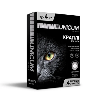 Від бліх та кліщів Unicum Premium - Краплі від бліх та кліщів на холку для котів (імідаклоприд) до 4 кг (UN-004)