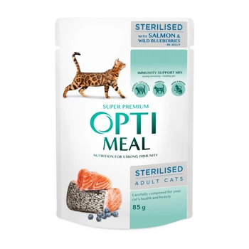 Консервированный корм Optimeal Adult Cats Sterilised Salmon & Blueberries in jelly – влажный корм с лососем и черникой в желе для стерилизованных и кастрированных кошек 85 г (B2712102) x12 шт.