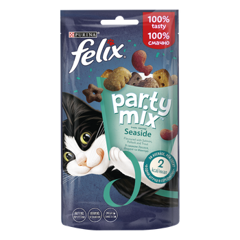Лакомства Purina Felix Party Mix Ocean mix Лакомство для взрослых кошек со вкусом лосося, форели и минтая 60 г (7613287631435)