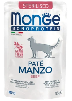 Консервированный корм Monge Cat Adult Pate Beef Sterilized – влажный монопротеиновый корм с говядиной для взрослых стерилизованных кошек (паштет) 85 г (70013741)