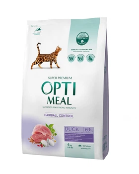 Сухой корм Optimeal Adult Cat Duck Hairball Control Сухой корм для взрослых кошек с эффектом выведения шерсти - утка 4 кг (B1840701)