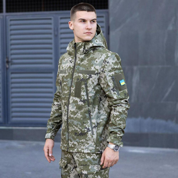 Мужская Куртка Soft Shell со съемным капюшоном + Подарок Шеврон "Флаг Украины" пиксель размер XL