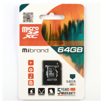 Карта памяти Mibrand microSDHC64GB Class 10 UHS-I +SD-адаптер (MICDXU1/64GB-A)