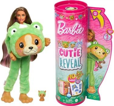 Кукла Barbie Cutie Reveal (Series 6) Puppy (Frog) - Красавица Барби в плюшевом костюме со щенком в костюме лягушки (HRK24) - Игровой набор Mattel