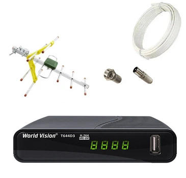 Комплект Т2: Тюнер Т2 World Vision T644D3 + Антенна Eurosky ES-003ж. (до 50 км) + кабель 10м. + разъёмы для подключения