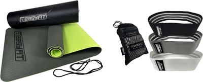 Набор Коврик для йоги и фитнеса EasyFit EF-1924s-BG TPE+TC ECO-Friendly двухслойный каремат в чехле 6 мм Темно-зеленый с салатовым (56002570) + Резинки EasyFit тканевые для фитнеса и спорта комплект из 3 шт EF1820TK (56002894)
