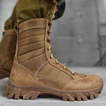 Мужские демисезонные Ботинки на протекторной резиновой подошве / Кожаные высокие Берцы коричневые размер 44