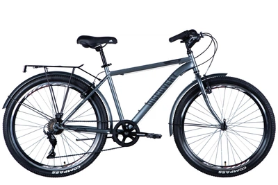 Велосипед сталь 26" Discovery PRESTIGE MAN Vbr рама-18" серый с багажником задн St с крылом St 2024