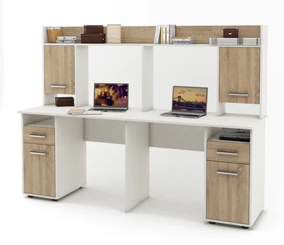 Компьютерный стол с надстройкой для 2 детей Kidsbunkbed 197 х 60 х 145 см цвет дуб сонома белый