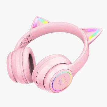 Бездротові ігрові Bluetooth навушники Onikuma B90 S c RGB підсвічуванням котячі вушка Рожевий