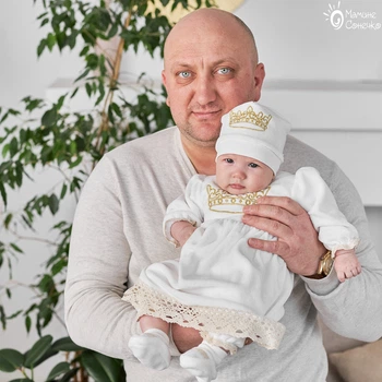 Костюм для крещения девочки Мамине Сонечко Корона большая золото 62 велюр айвори кружево молоко (11234-1)
