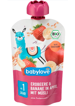 Пюре Babylove полуниця-банан-яблуко з мюслями для дітей від 1 року, 100 г