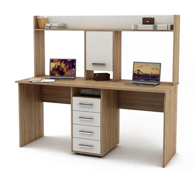 Компьютерный стол для 2 детей с надстройкой Kidsbunkbed 163 х 60 х 145 см цвет дуб сонома белый