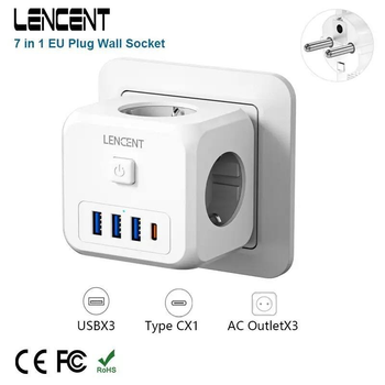 Мережевий Фільтр Трійник 7в1 LENCENT із швидкою зарядкою 3 розетки/3 USB/1TYPE-C