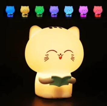 Дитячий силіконовий нічник світильник на акумуляторі Light Cat "Котик з блакитною книгою" білий