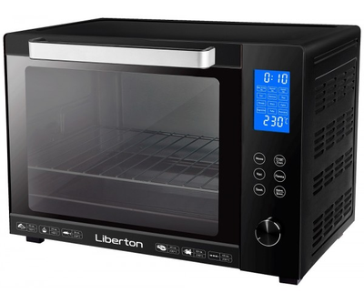 Електродуховка Liberton LEO-601Е Black, 1900W, 60л, 3 режима нагріву, 12 програм, дисплей, конвекція, підсвітка, 30-230 °C, сенсорне керування, таймер, рожен, решітка, деко, лоток для крихт та жиру, тримач для дека, терморукавиця