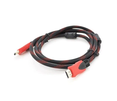 Кабель Merlion HDMI-HDMI 1.8m, v1.4, OD-7.4mm, 2 фільтри, обплетення, круглий Black/RED, конектор RED/Black, (Пакет), Q200