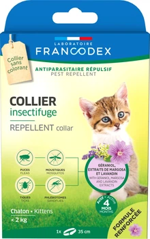 Від бліх та кліщів Francodex Laboratoire Repellent Collar Нашийник з репелентною дією від бліх і кліщів для кошенят з гераніолом, 35 см 35 см (175480)