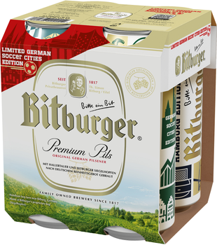 Упаковка пива Bitburger Premium Pils светлое фильтрованное 4.8% 0.5 л Мультипак x 4 шт (4102430003418)