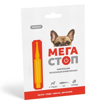 Капли на холку для собак ProVET «Мега Стоп» от 4 до 10 кг, 1 пипетка (от внешних и внутренних паразитов)