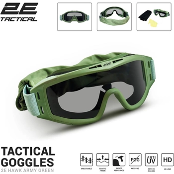 Тактичні окуляри 2E Hawk Army Green Anti-fog + сумка + 3 лінзи (2E-TGG-ARGN)