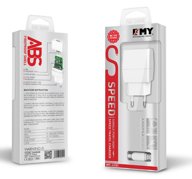 Набор 2 в 1 СЗУ With Micro-Usb Cable 110-240V MY-A101, 1 x USB, 5V / 5W, Output: 5V / 1A, White, Blister- box, Q25