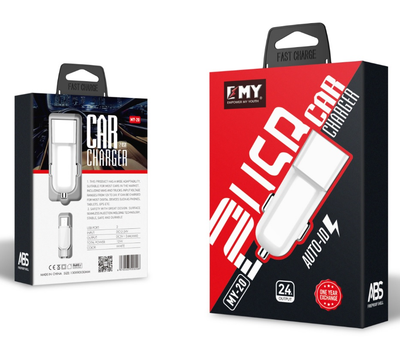 Набор 2 в 1 АЗУ With Micro-Usb Cable DC12-24V MY-20, 1 x USB, 5V / 12W, Output: 5V / 2.4A, White, Blister- box, Q25