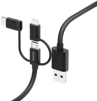 Kabel Hama 3w1 USB Type-A - USB Type-C + micro-USB - Lightning M/M 1.5 m Black (4047443486141)