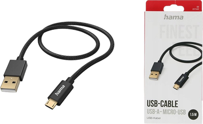 Кабель Hama Fabric USB Type-A - micro-USB M/M 1.5 м Black (4047443487056)
