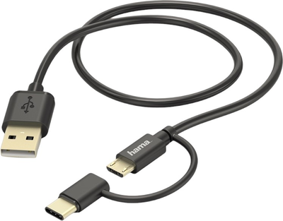 Kabel Hama 2w1 USB Type A - micro-USB - USB Type C M/M 0.75 m Black (4047443443731)