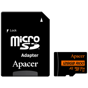 Карта памяти Apacer microSDXC 128GB (UHS-I U3) W-80 MB/s, R-100 MB/s Class 10 A2 V30 (AP128GMCSX10U8-R) + SD Adapter