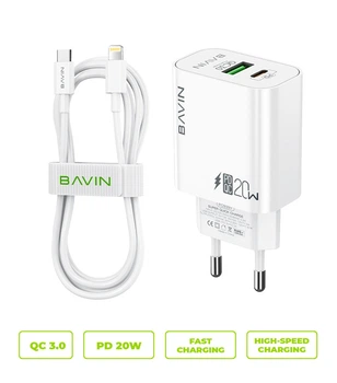 Зарядное устройство BAVIN PC939Y PD 20W Type-C USB-A (QC3.0) + кабель USB-C/Lightning White
