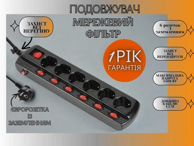 Сетевой фильтр удлинитель электрический с защитой бытовой Electraline универсальный с заземлением на 6 розеток 7 кнопок переноска 3х1мм 1.5 м 16А черный (62517)