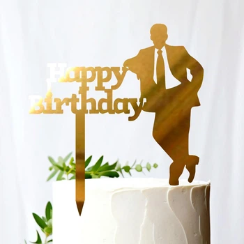 Золотой Топпер "Happy Birthday для Мужчины" 15х14см Фигурка на Торт в Цветы Зеркальная Надпись Пластик Золото