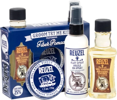 Podróżny zestaw do pielęgnacji włosów Reuzel Fiber Try Me Kit Szampon 100 ml + Spray teksturyzujący 100 ml + Pomada do stylizacji 35 g (0850020289042)