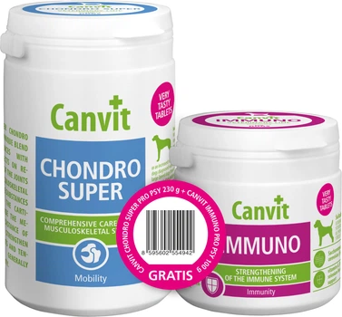 Вітаміни Canvit Chondro Super для собак 230 г ± 110 таблеток + Canvit Imuno 100 г ±90 таблеток (8595602546145)