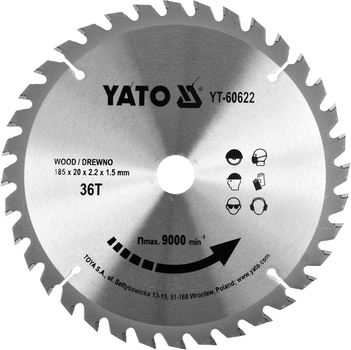 Диск пильный победитовый по дереву YATO 185x20x2.2x1.5 мм 36 зубцов до 9500 об/мин (YT-60622)