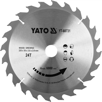 Диск пиляльний по дереву YATO 255x30 мм 24 зубці до 6000 об/хв (YT-60731)