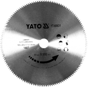 Диск пильный по ламинированным плитам и ламинату YATO Ø 185x1.7x20 мм 140 зубцов до 9000 об/мин (YT-60631)