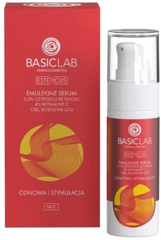 Emulsyjne serum do twarzy BasicLab Esteticus z 0,5% czystym retinolem, 4% witaminą C, CBD i koenzymem Q10 30 ml (5904639170323)
